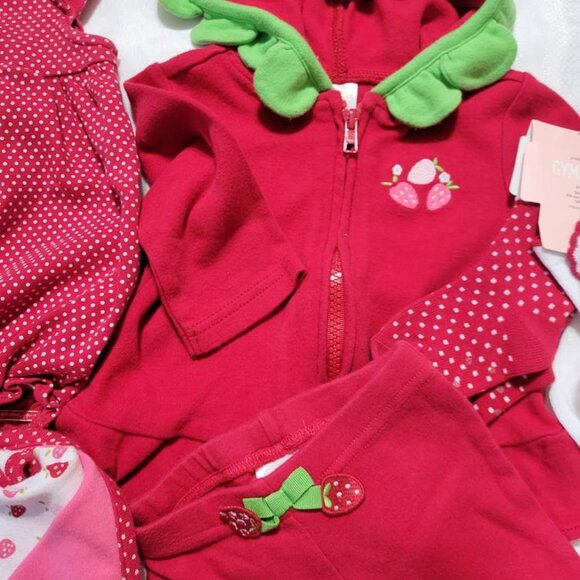 Gymboree Strawberry lot used blanket, hooded top, pants romper NWT socks 6-12 mo - Picture 5 of 7